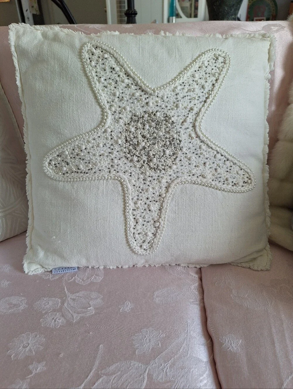 Coastal Collection Beaded Starfish Accent Pillow Beach Ocean Decor off-white 19